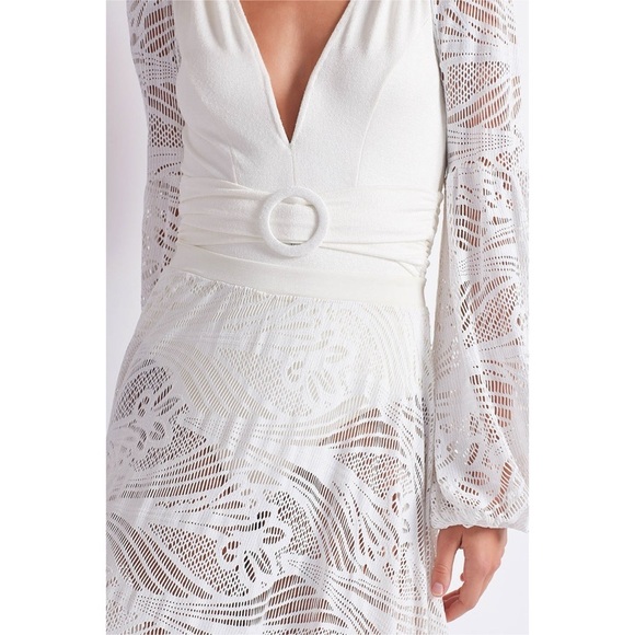 PATBO METALLIC LACE PLUNGE LONG SLEEVE ONEPIECE SWIMSUIT / BODYSUIT WHITE S NWT - Picture 6 of 11